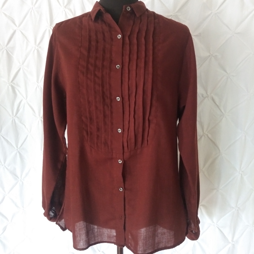 Ellen Tracey brown linen pin tuck blouse